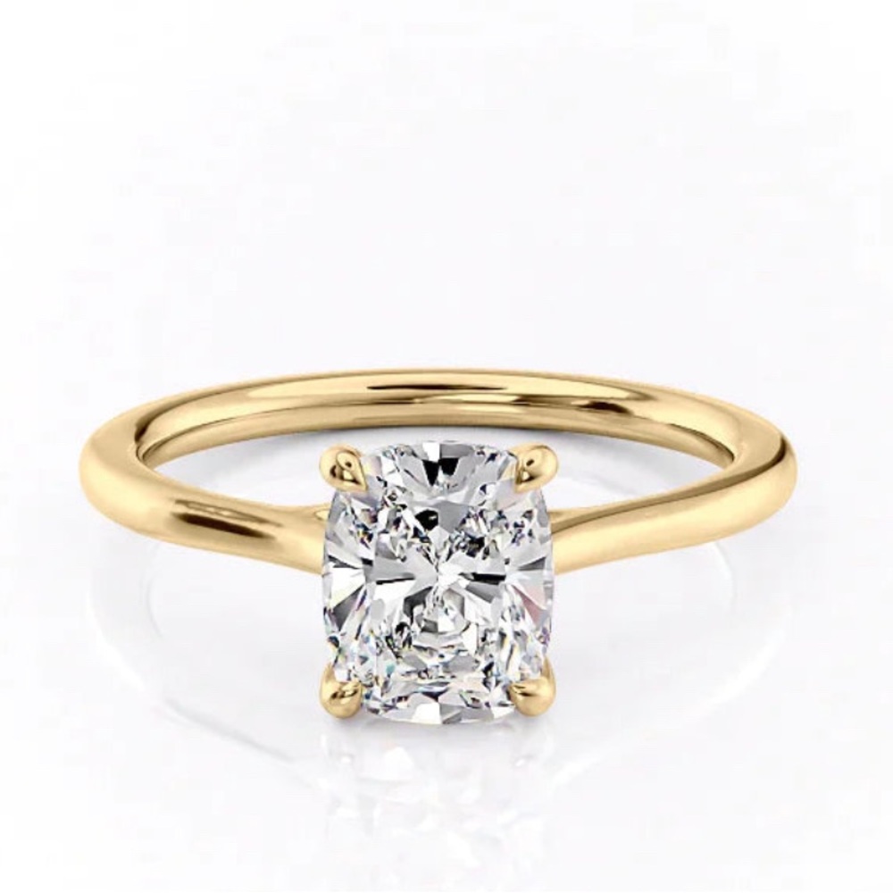 14K Yellow Gold and Elongated Cushion Cut Synthentic Diamond Engagement Ring